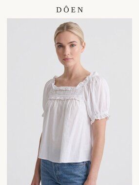 Doen Lace-Yoke Puff-Sleeve Cotton Top White S